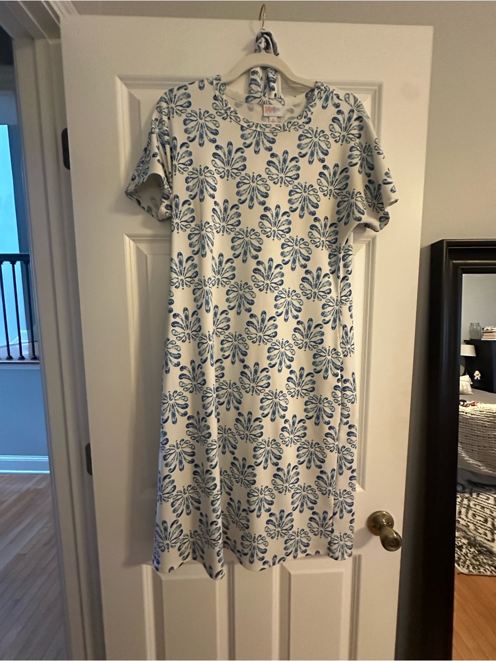 LuLaRoe White Midi Dress with Blue Floral Motif